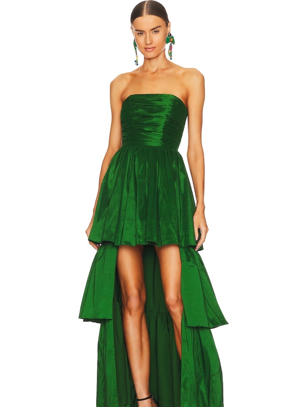Lovers + Friends Strapless Tiered Ruching Maxi Dress in Emerald Green